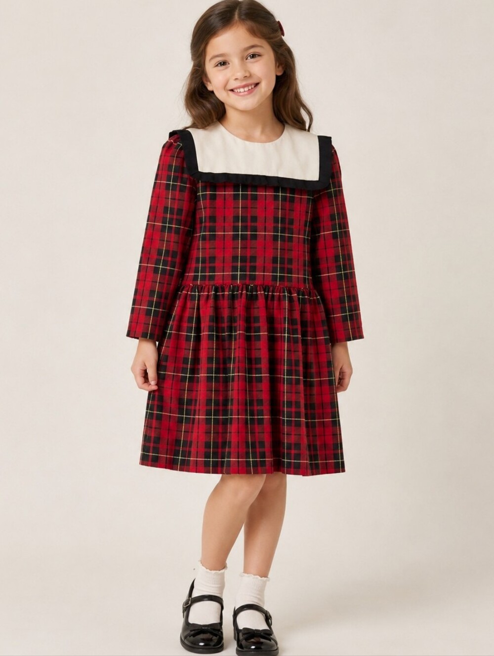 Vtg Monday's Child Girls Plaid Cotton Poly Dress White Blue Collar 7 Tartan USA